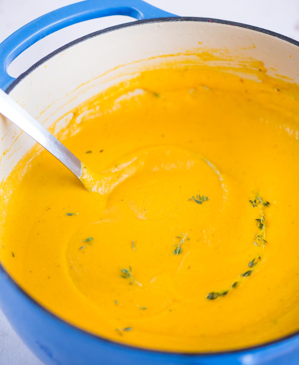 Pumpkin Soup is velvety smooth and creamy without oodles of cream in it. The taste of pumpkin really signs through this healthy soup.