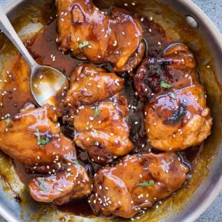 Sweet and spicy Honey Sriracha Chicken made in a skillet