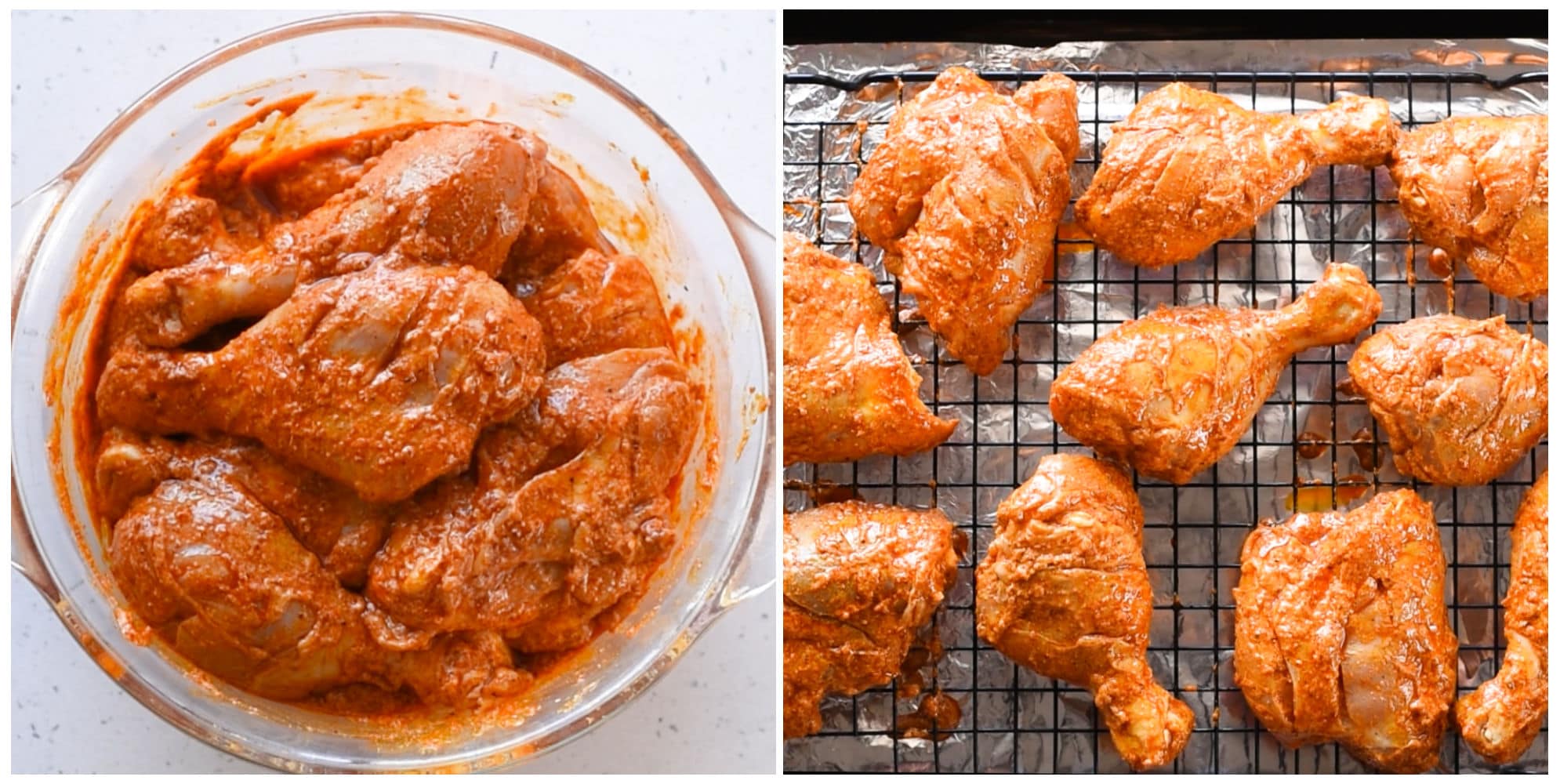 Chicken marinated in Tandoori Masala and ready to be baked in the oven. 