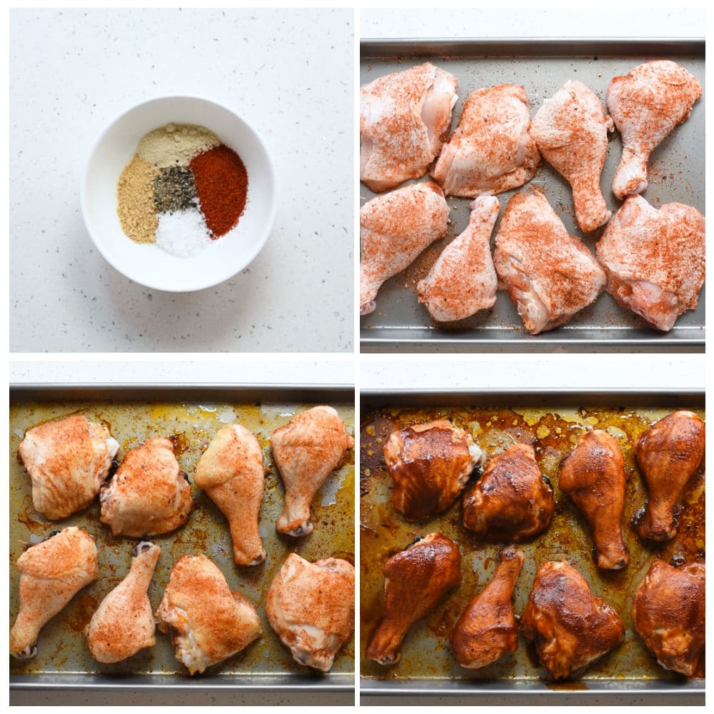 Steps to make BBQ chicken in the oven - make dry rub, rub on chicken, bake the chicken and last brush with BBQ sauce and bake again.