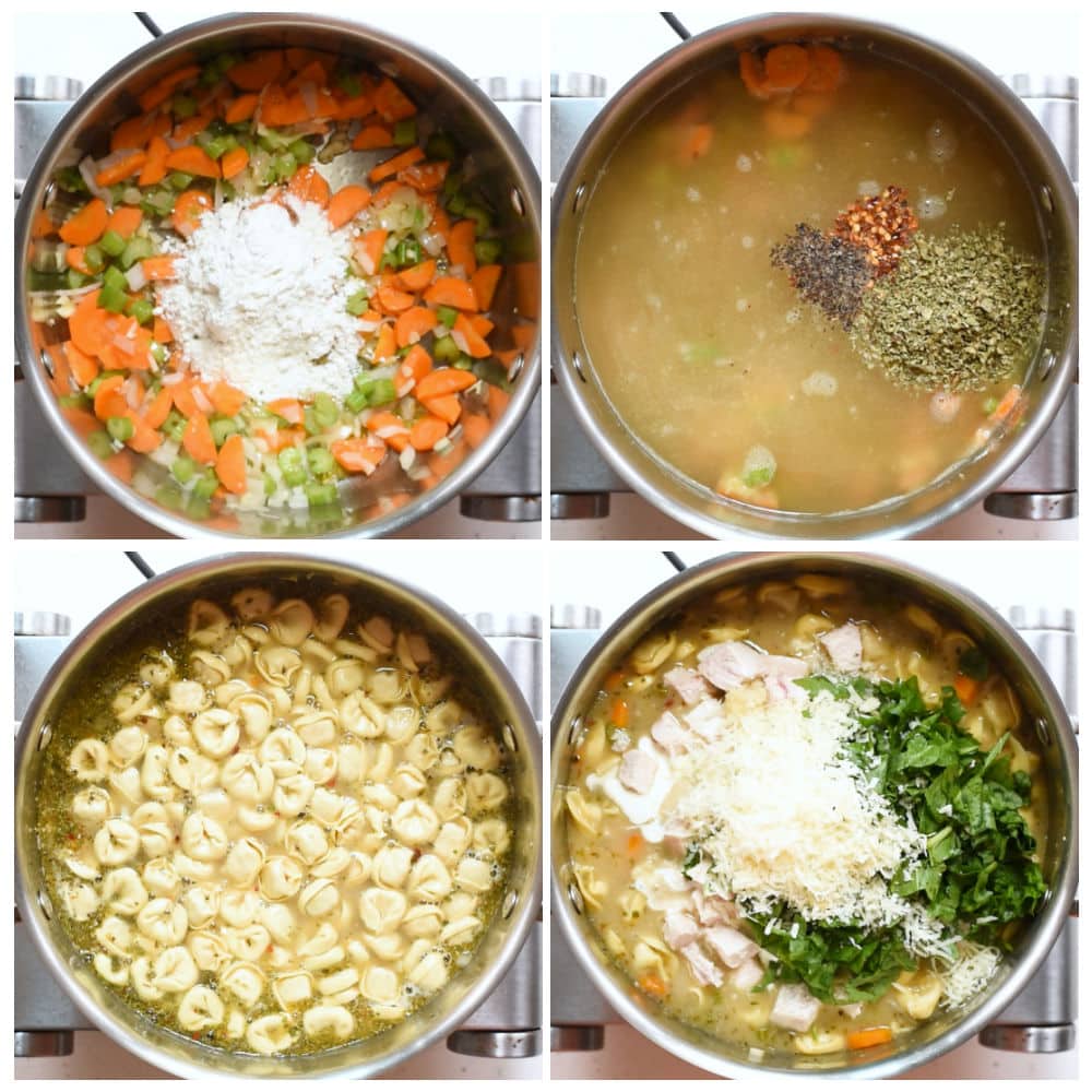 Images depicting steps to make chicken tortellini Soup.