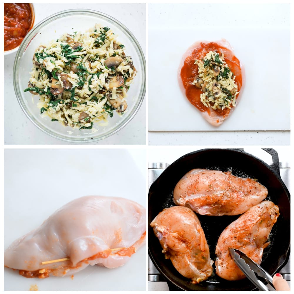 Steps with images on how to make Stuffed Chicken Breast with mushroom spinach stuffing.