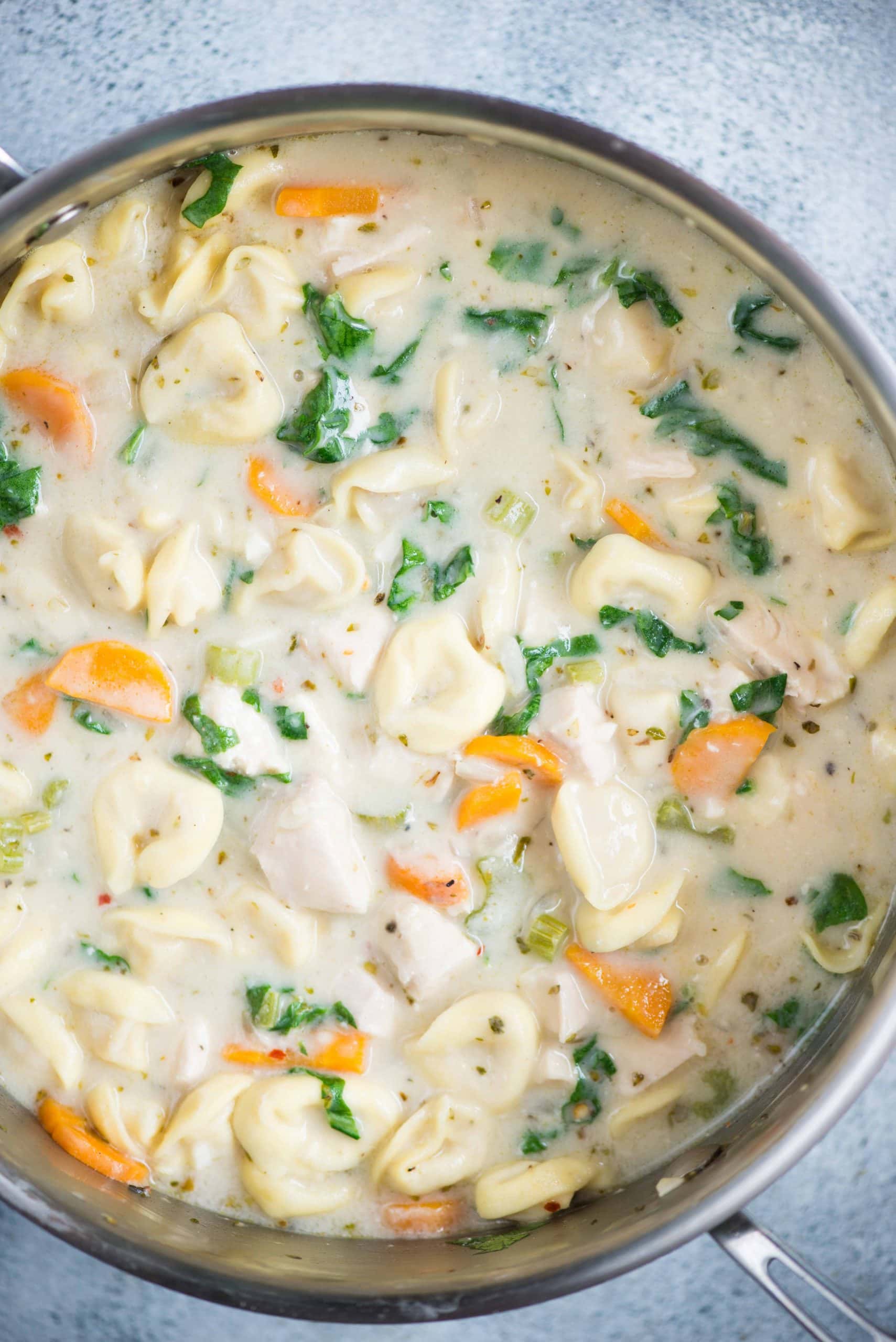 creamy Chicken Tortellini Soup with Cheese tortellini, Chicken, vegetables  made in a pot