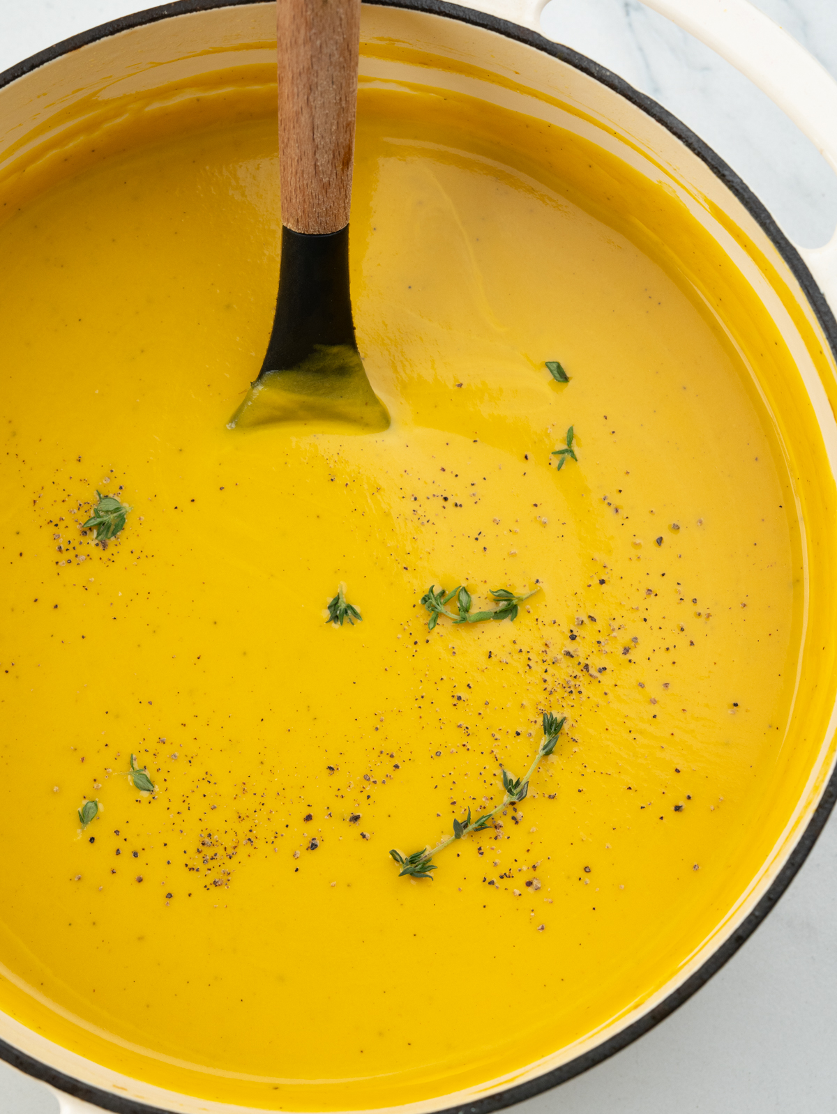 homemade pumpkin soup in a dutch oven.