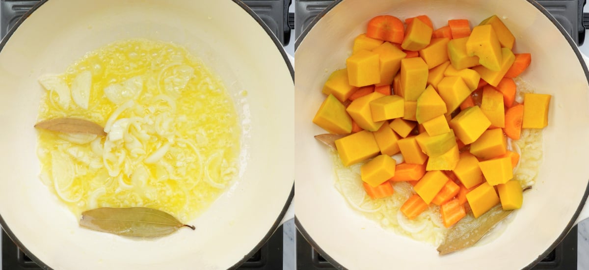 Saute onion, garlic in butter followed by carrot and pumpkin.