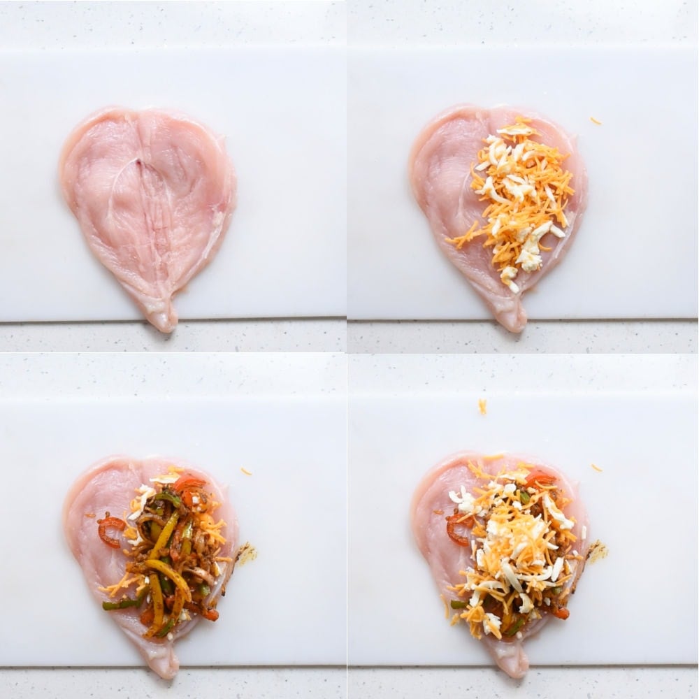 How to stuff Chicken breast with stuffing shown in 4-image collage. 