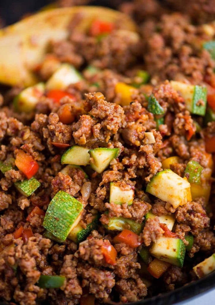 Ground beef, vegetables and Mexican spices tossed in a skillet is a healthy ground beef recipe that is easy to throw together. 