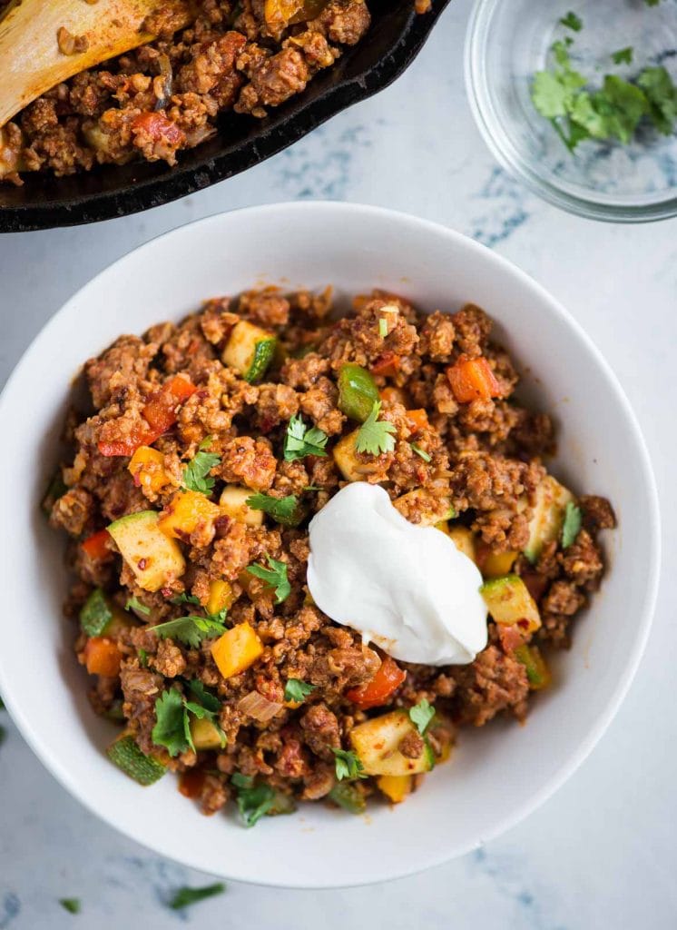 Ground beef, vegetables and Mexican spices tossed in a skillet is a healthy ground beef recipe that is easy to throw together. 
