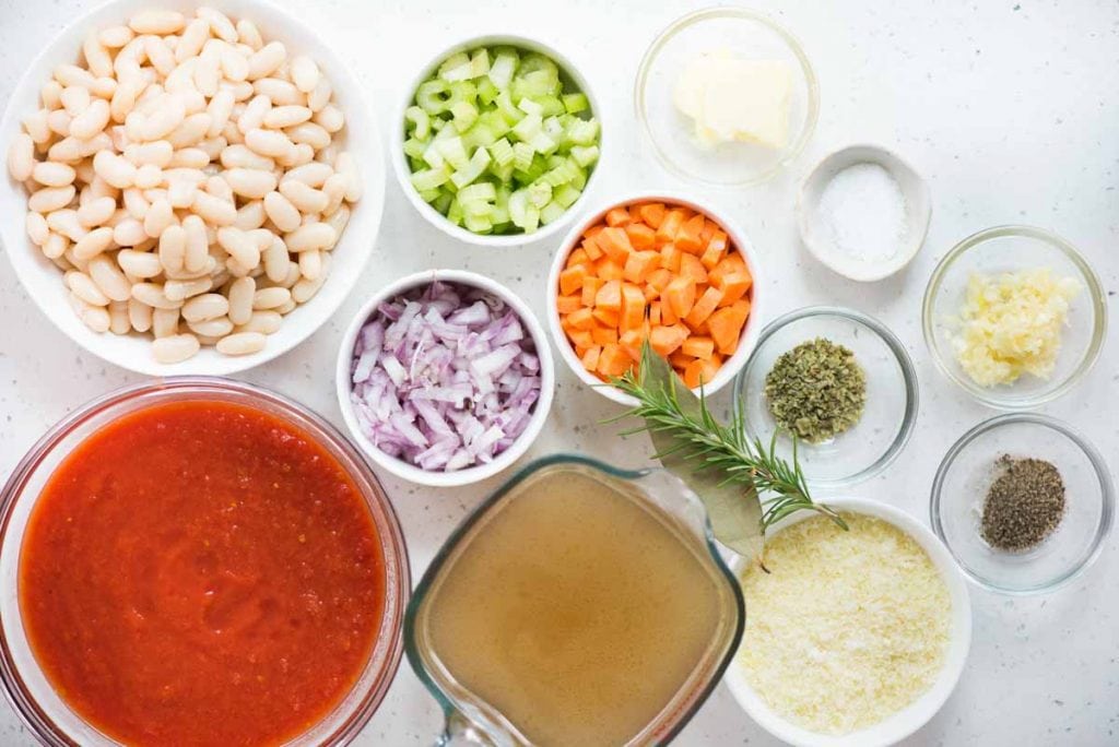 Showing all ingredients used to make tomato white bean soup