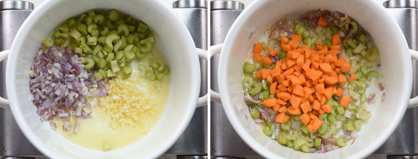 First step to make the white bean soup is to sauté onion, celery, garlic and carrot. 