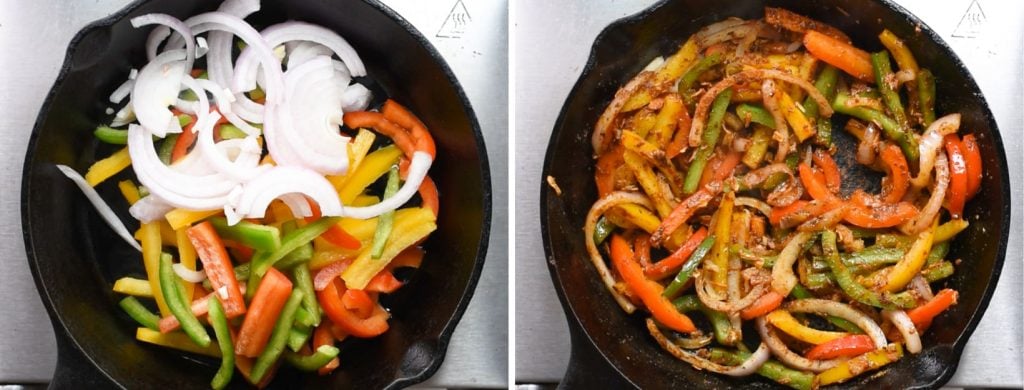 Two image collage showing how to make fajita stuffing. First shows sauteing of peppers and onions. Second shows the fried pepper and onions with fajita seasoning.