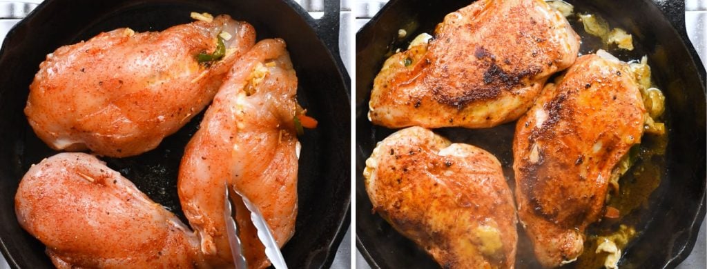 Two images collage shows how to sear chicken breast on a pan. First shows adding seasoned chicken breast to the pan. Second shows seared breasts with a golden caramelized crust on top.