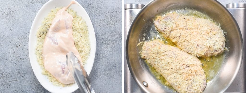 Collage of images - First shows chicken coated with mayo is now breaded with parmesan-almond flour mix. Second, shows the breaded chicken is fried on a pan.