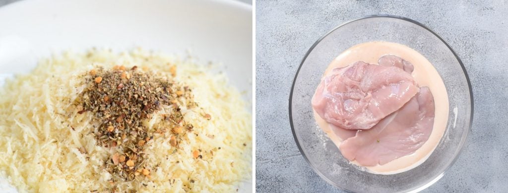 Collage - First shows almond flour and italian seasoning mixed to parmesan. Second shows chicken coated with Mayo in a glass bowl.