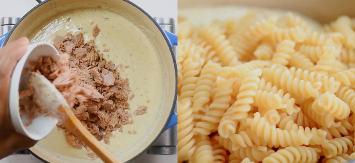 Add drained Tuna and cooked pasta to the sauce.