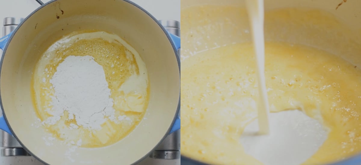 Make the roux by combining butter, flour and milk.