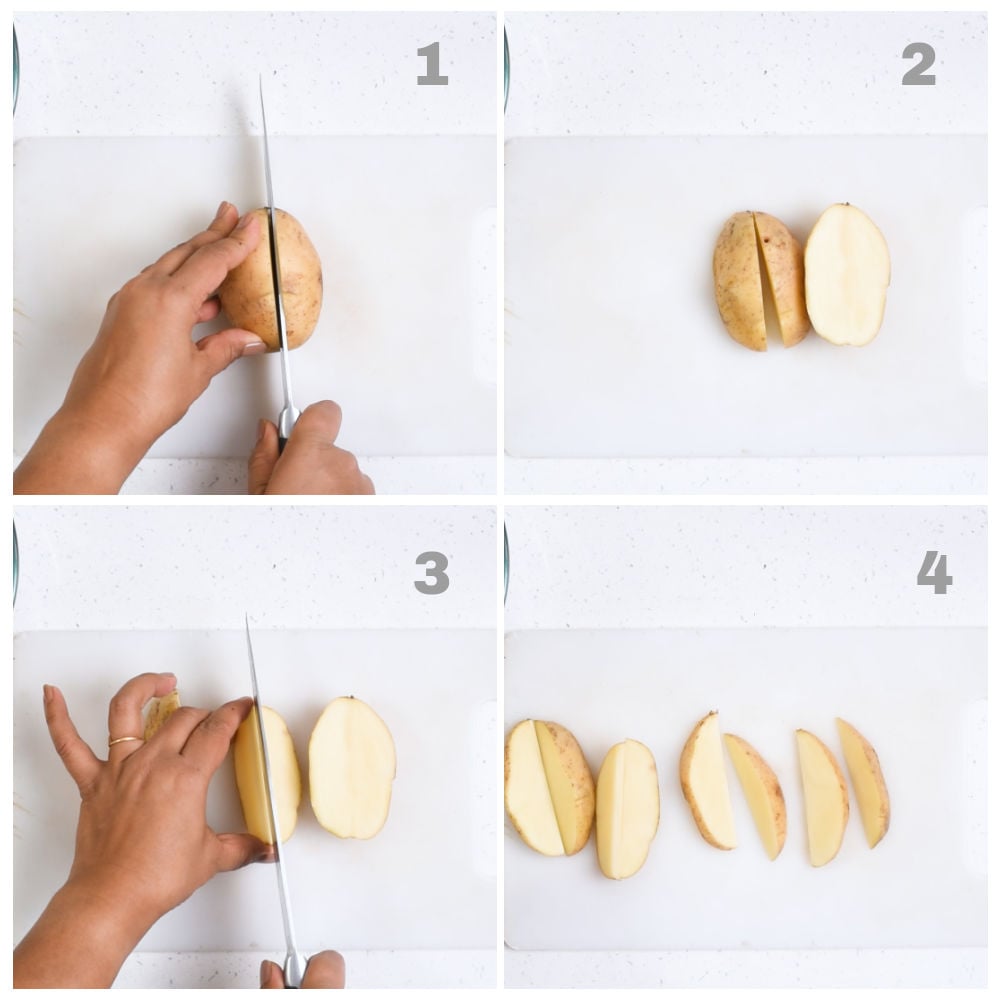 Steps to cut potatoes for baked potato wedges. 
