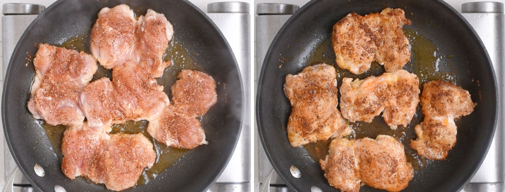 Searing seasoned boneless chicken thighs until crispy and golden 