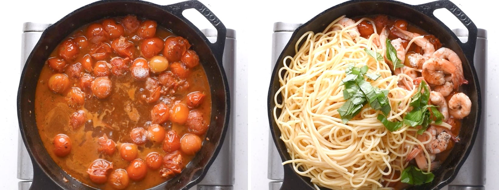 Add pasta, cooked shrimp and basil to the cherry tomato sauce. 