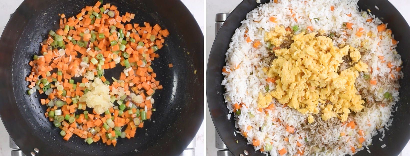 toss onion, garlic, veggies, rice, egg and sauces in a wok is the second step to make the fried rice. 