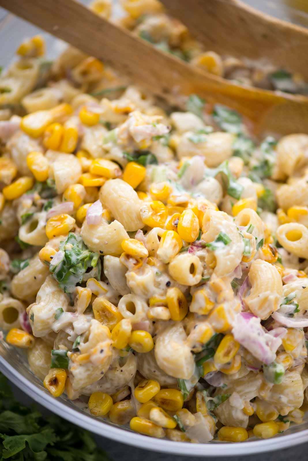 Close up shot of creamy Pasta salad in a bowl