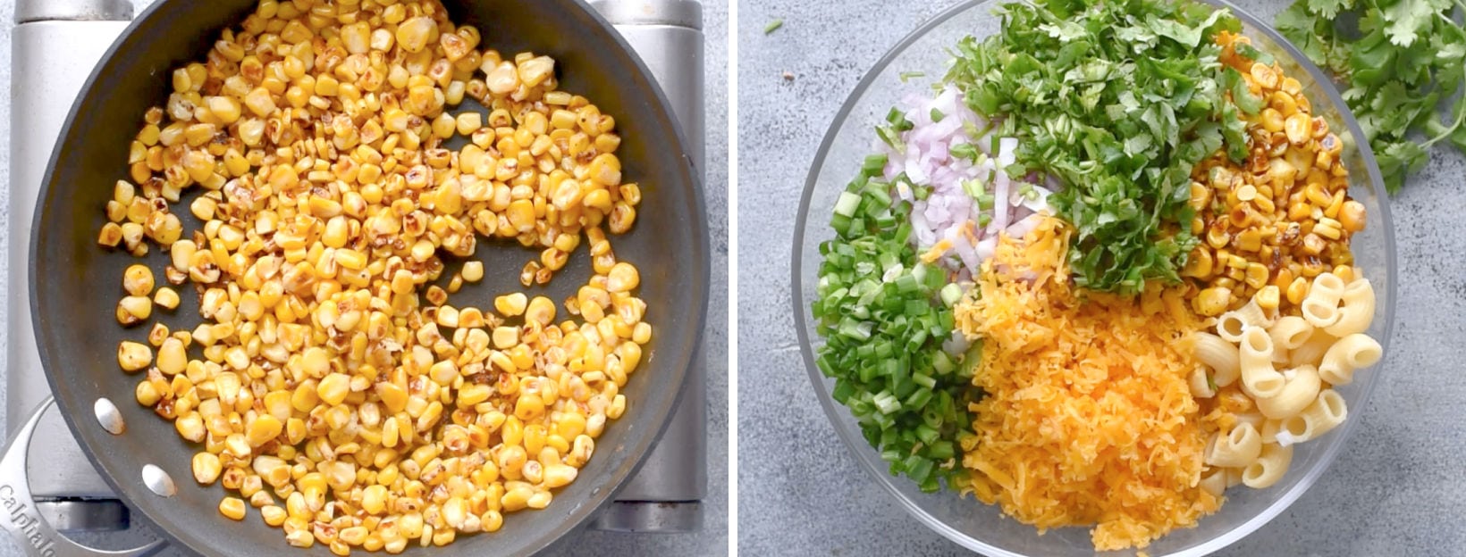 Collage shows steps to make the salad by roasting the corn as in the left image and the ingredients assembled in a large bowl shown in the right image.