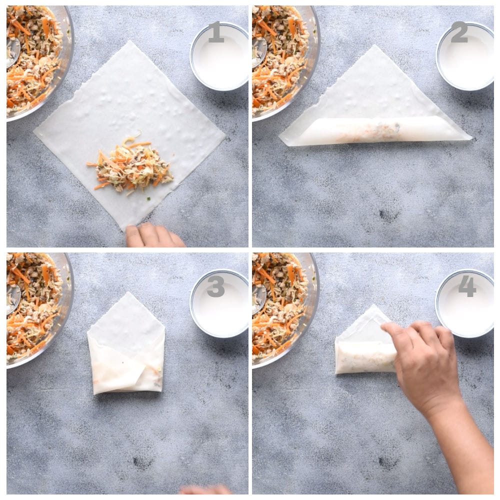 Instruction pictures of how to roll a spring roll