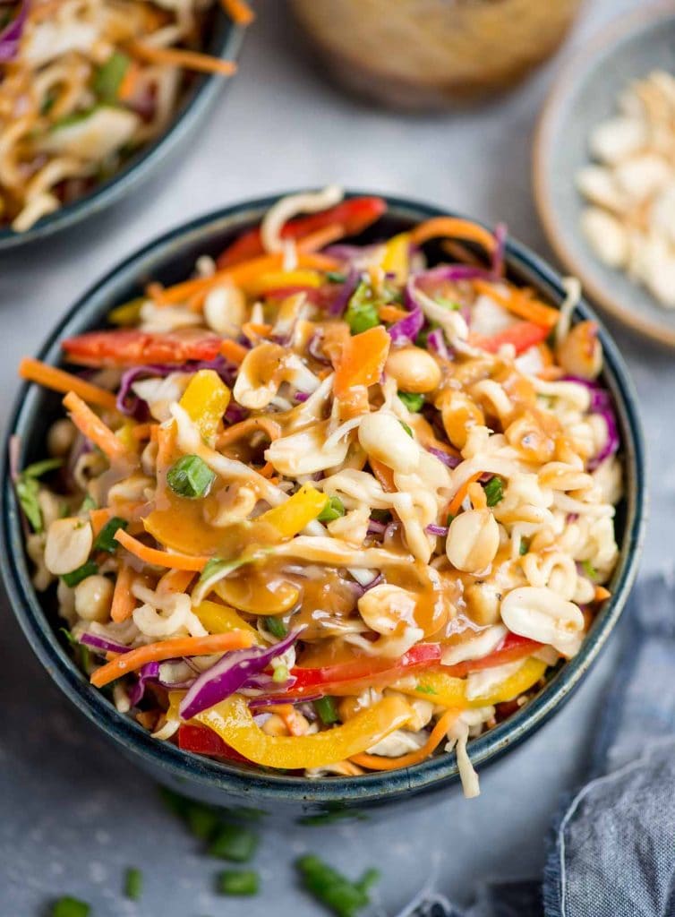 Ramen Noodle Salad with asian peanut butter salad dressing served in a bowl