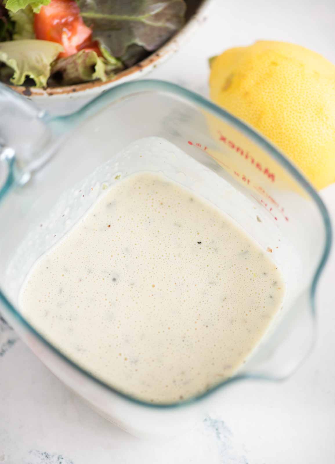 Fresh, savory and creamy italian parmesan peppercorn dressing in a jar.