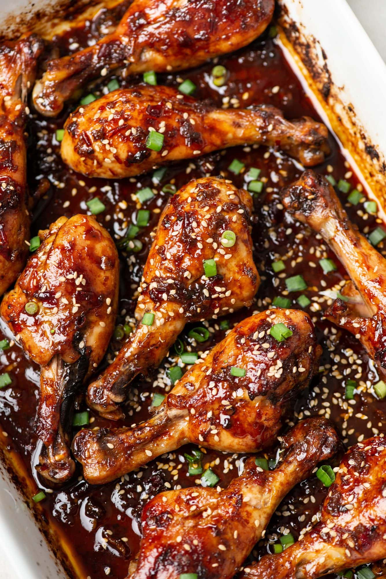 Chicken Drumsticks baked in a coat of Honey, Soy sauce, chili sauce giving a caramelized glaze in a pan.