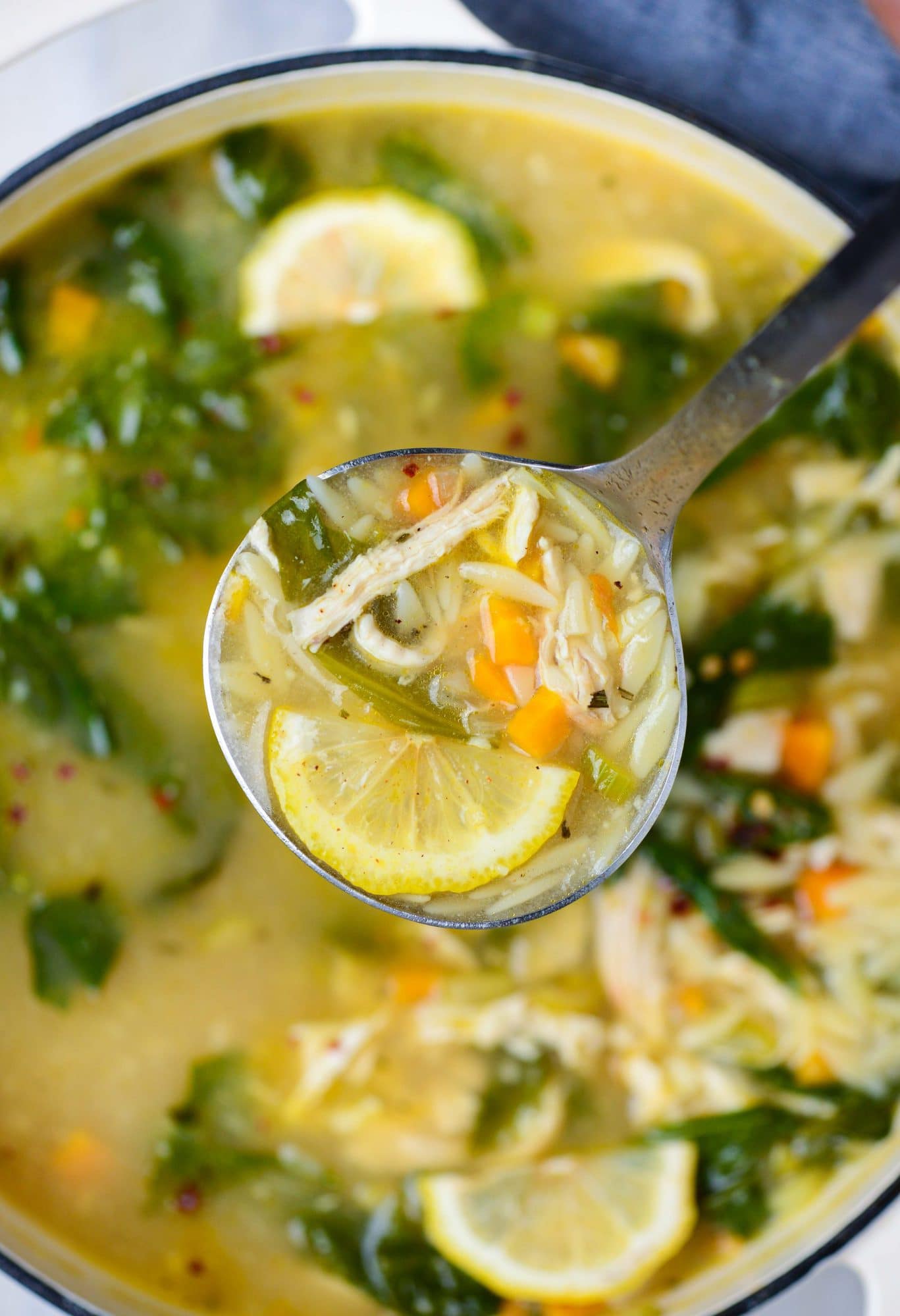 Ladle showing orzo chicken soup with chicken, 