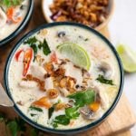 This popular tom kha soup is creamy and rich and has coconut milk as a base with chicken and mushrooms and is more like a curry