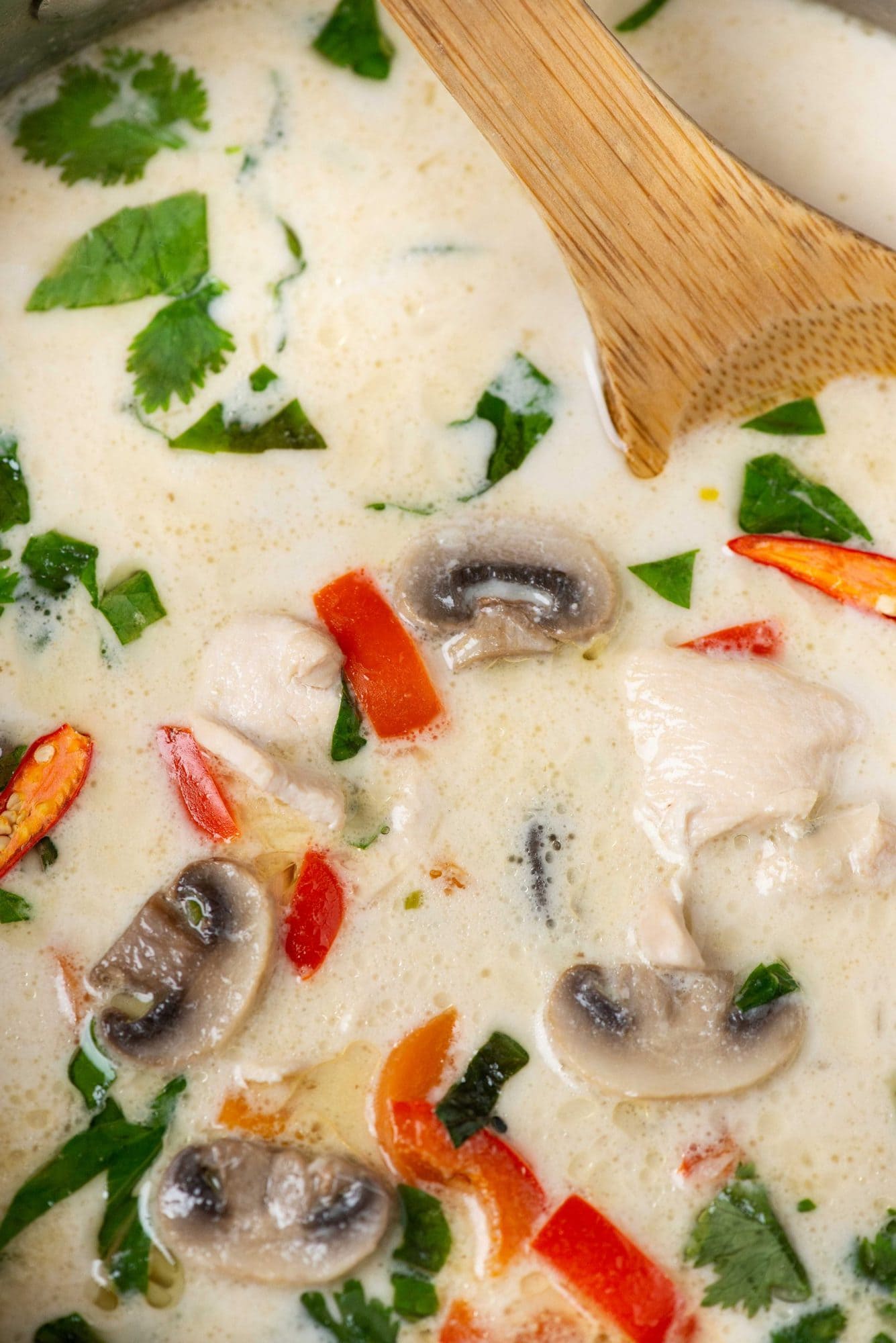 Close up picture showing chicken, mushroom, red bell pepper, corianer, lemon grass, bird-eye chili being stirred to make Tom kha gai 