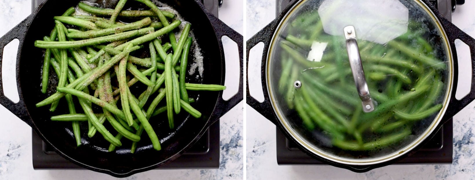 Step-by-step collage pictures of how to cook green beans with garlic and seasoning. 
