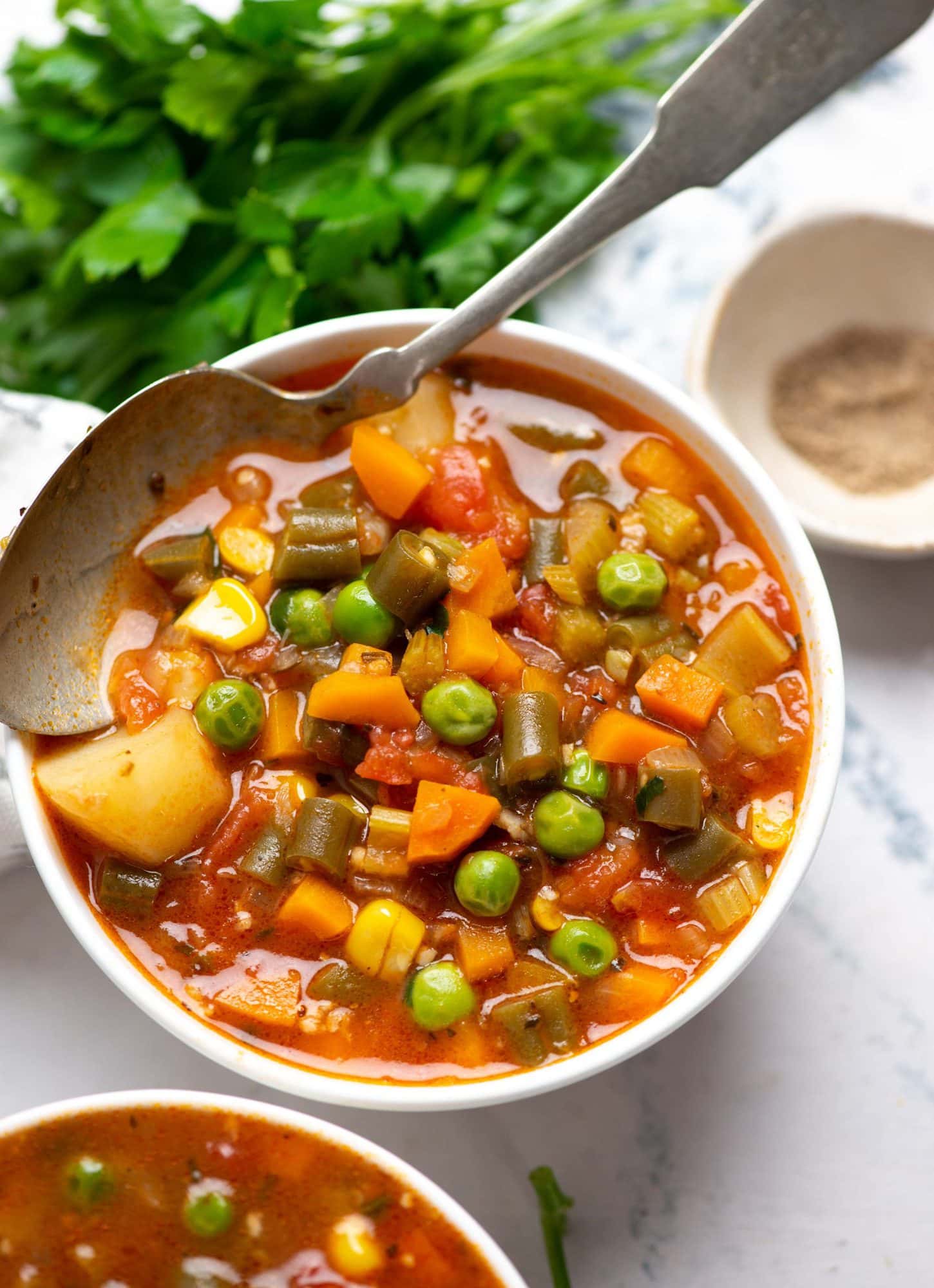 Top shot of a vegetable soup shown in a bowl and spoon