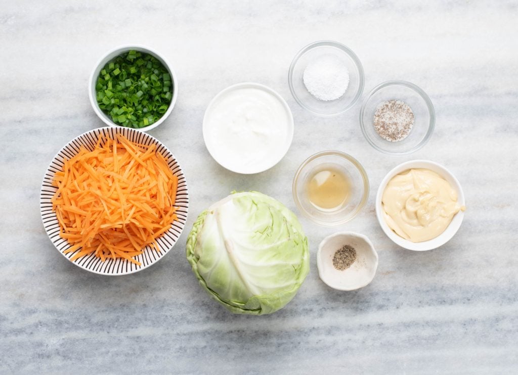 Ingredients needed to make a creamy classic coleslaw