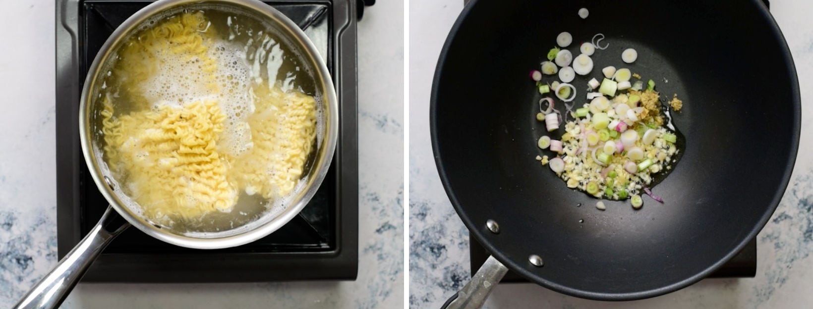 First step towards making sesame noodles: Boil the noodles and second is to start sauteing the aromatics and onion.