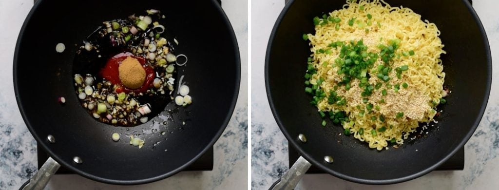 Collage shows two steps - First, add the sauces and brown sugar. Second - Add noodles and green onion and toss.