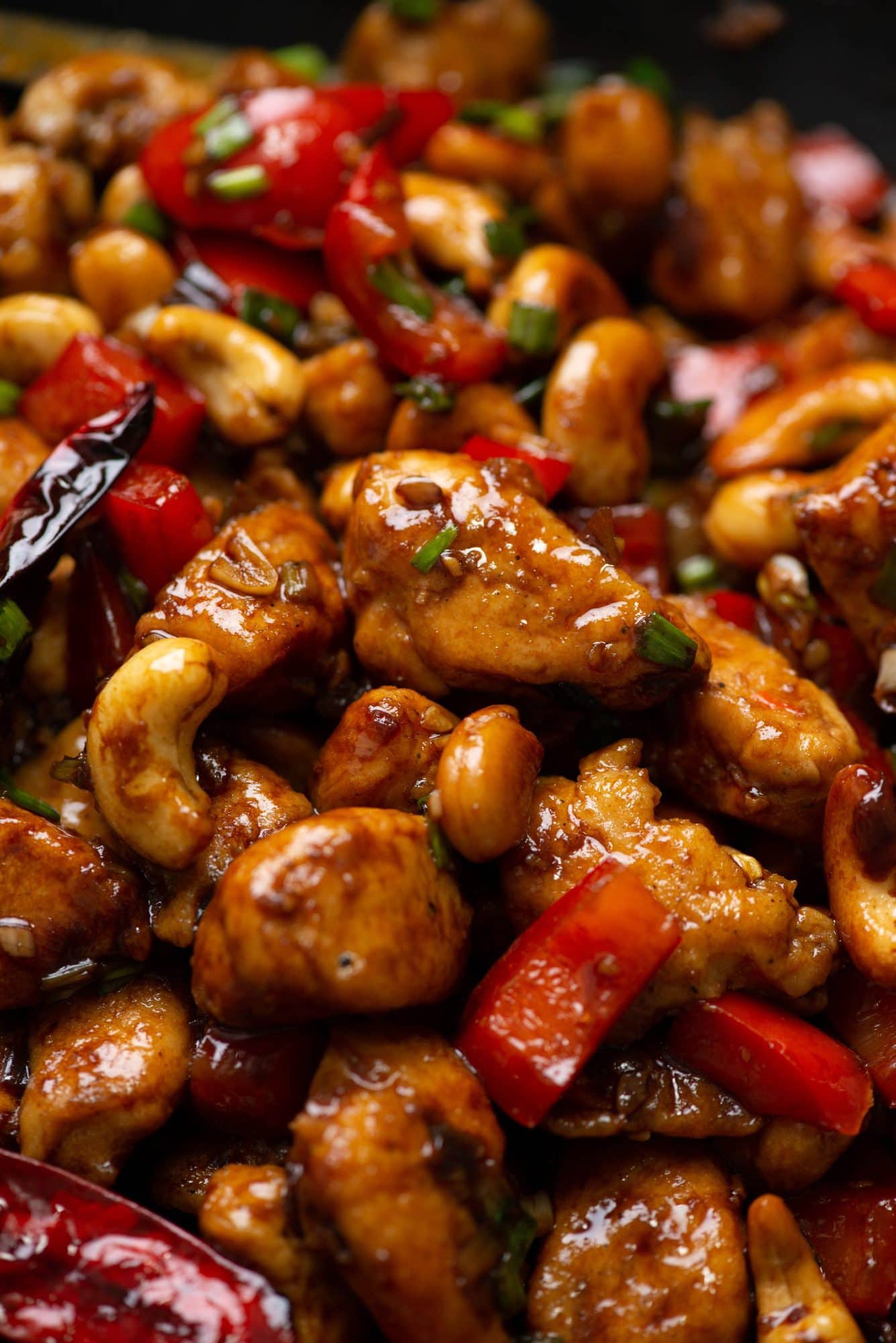 Close up view of thai cashew chicken stir fry. Delectable sauce and amazing thai flavours.