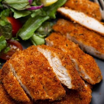 Slices of crispy Crusty chicken breast fried in Air Fryer