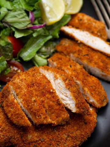 Slices of crispy Crusty chicken breast fried in Air Fryer
