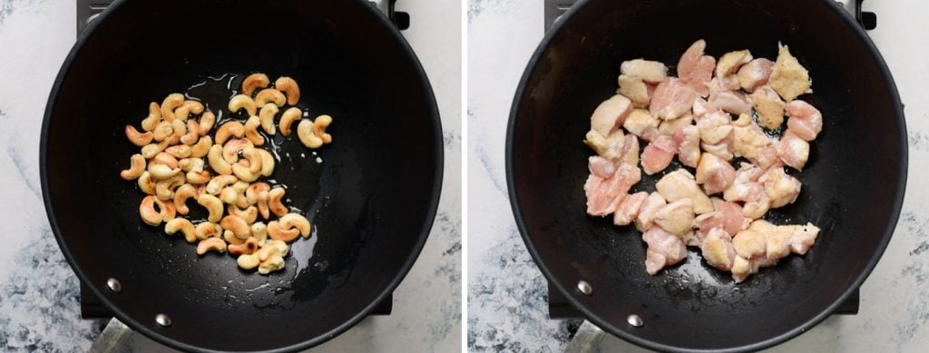 Steps for chicken stir fry - Roasting cashews and cooking chicken 