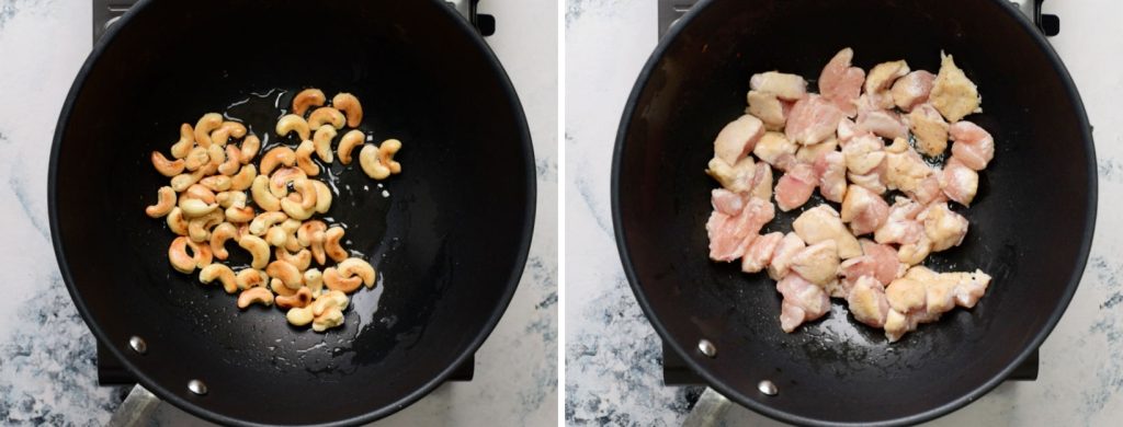 Steps for chicken stir fry - Roasting cashews and cooking chicken 