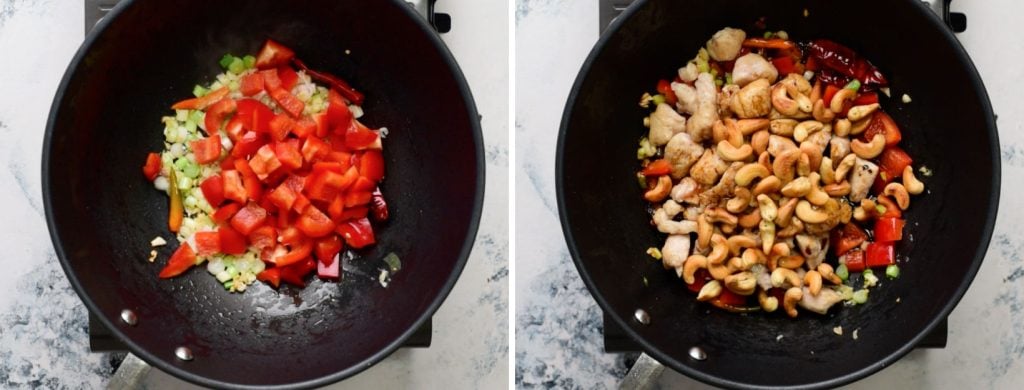 Steps for chicken stir fry - cooking veggies and adding chicken.