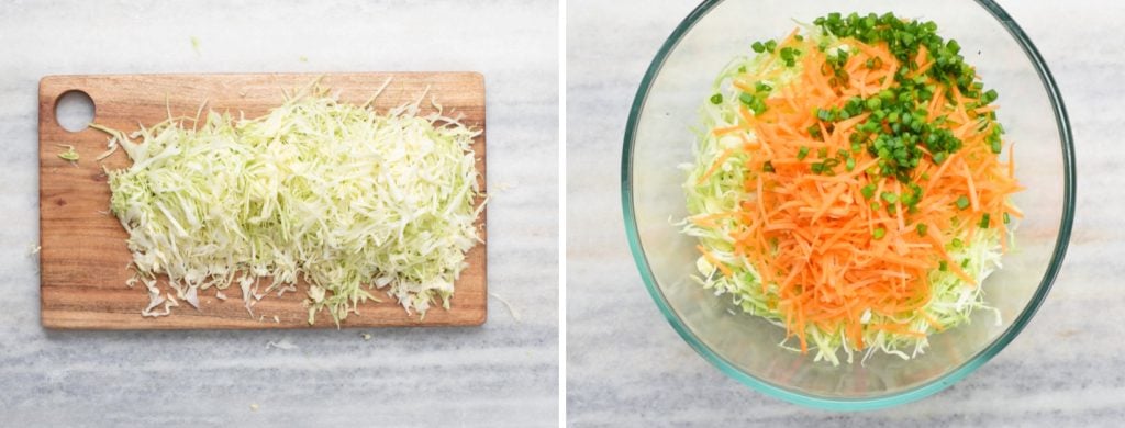 Add shredded cabbage, carrot, green onion to the coleslaw dressing. Mix well. 