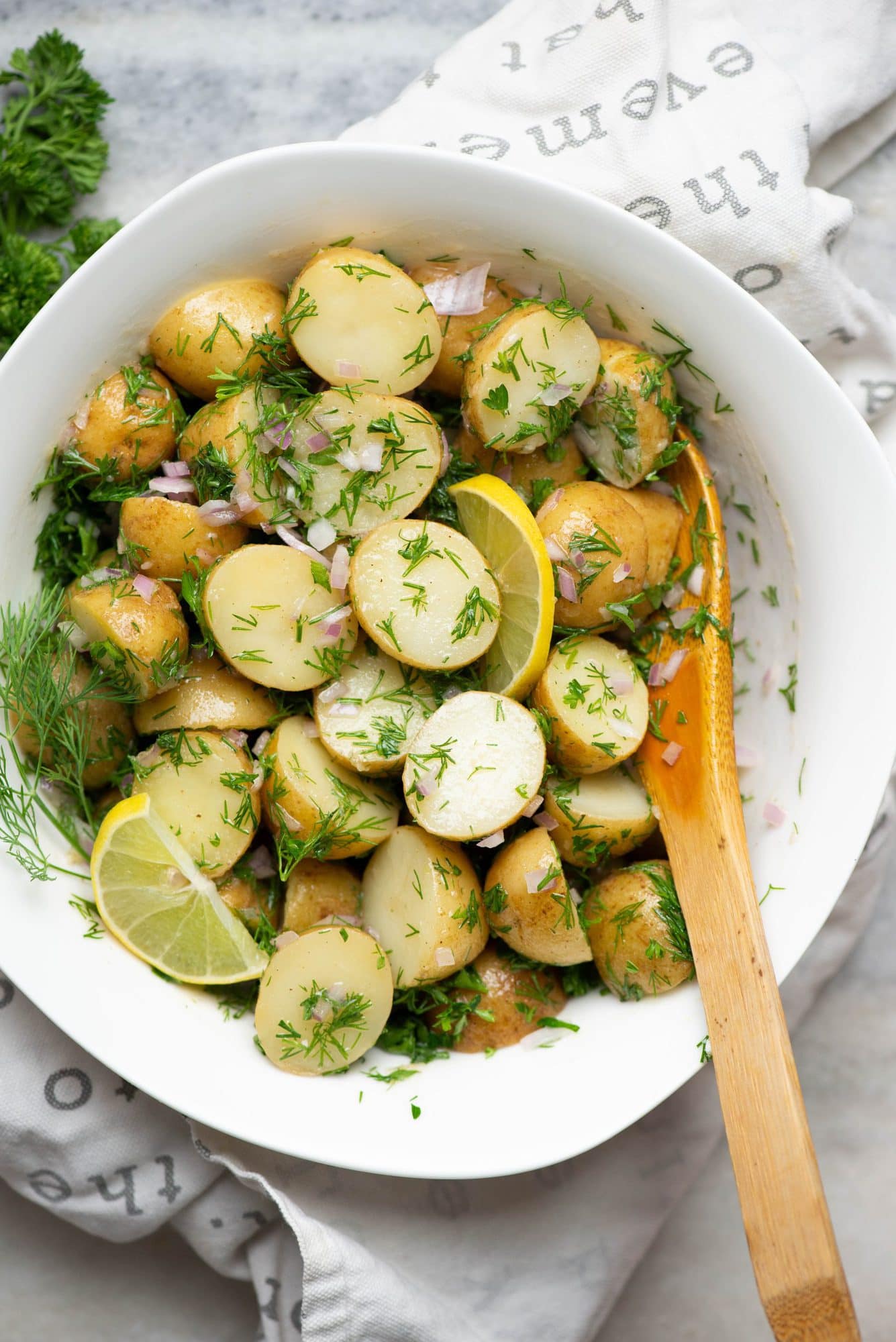 Vegan dill potato salad with a tangy lemon olive oil vinaigrette.
