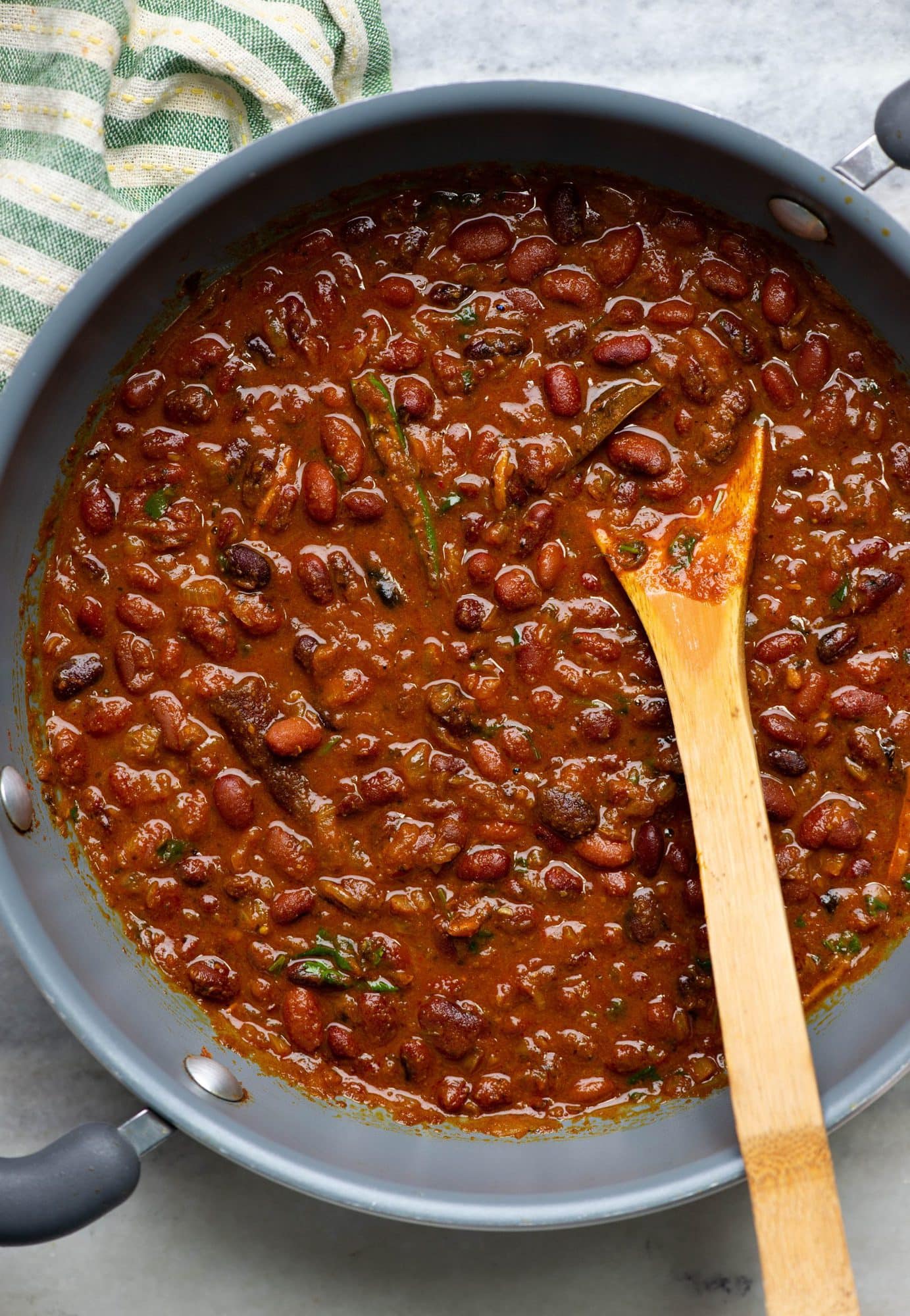 Top view of punjabi rajma masala made in a skillet.