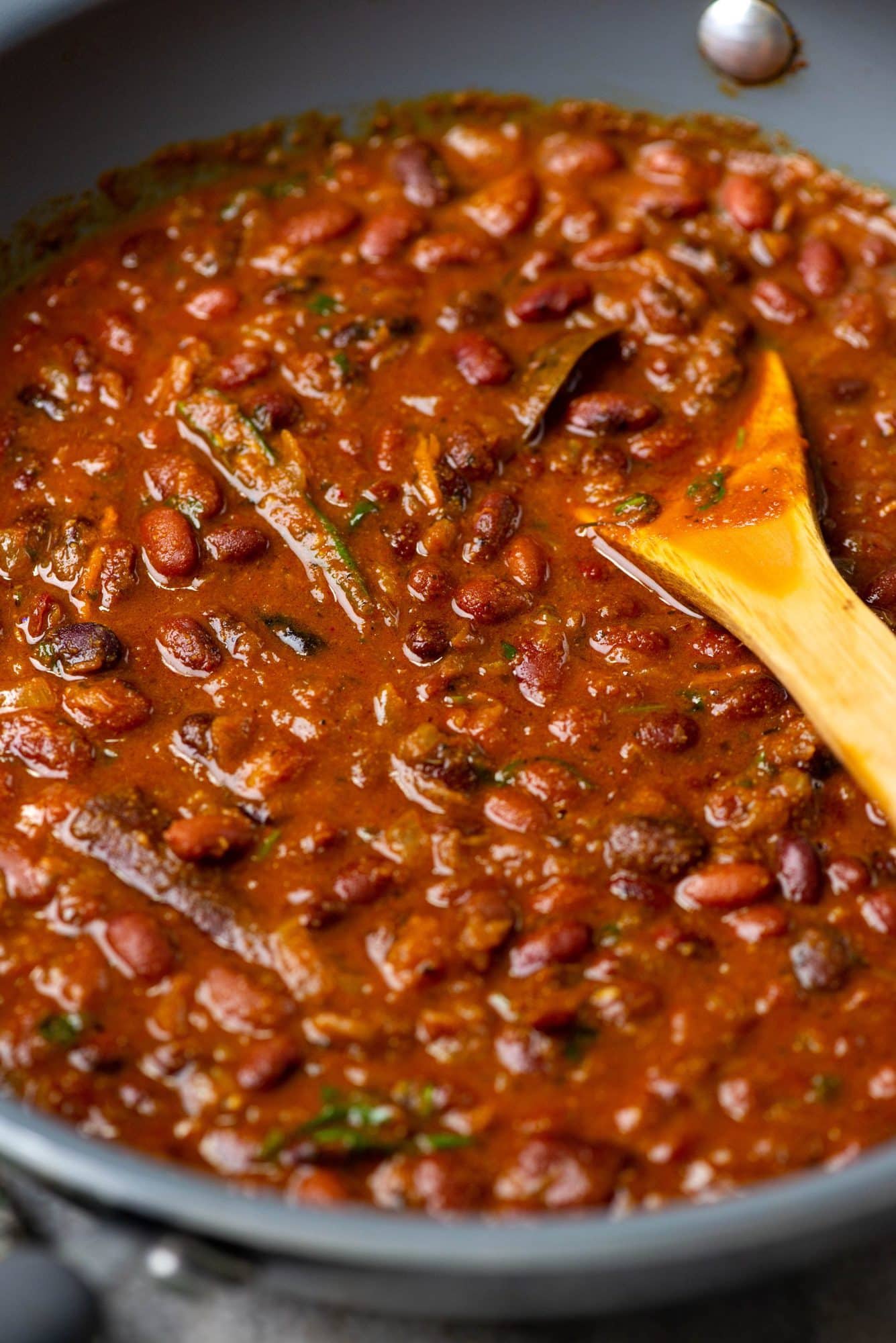 Close up side view of restaurant style rajma masala made at home.