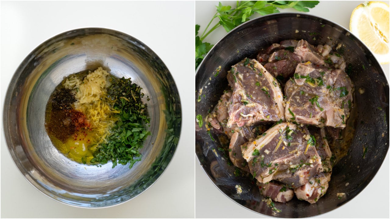 Steps on how to prepare mediterranean marinade and rub over the lamb chops