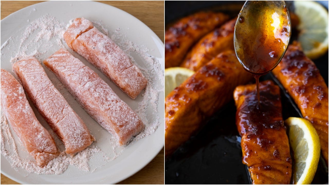 Sticky, sweet, and lemony, this Lemon Honey Glazed Salmon is incredibly delicious. You can make a Salmon Rice bowl with this easy 20 mins recipe and your dinner is sorted.